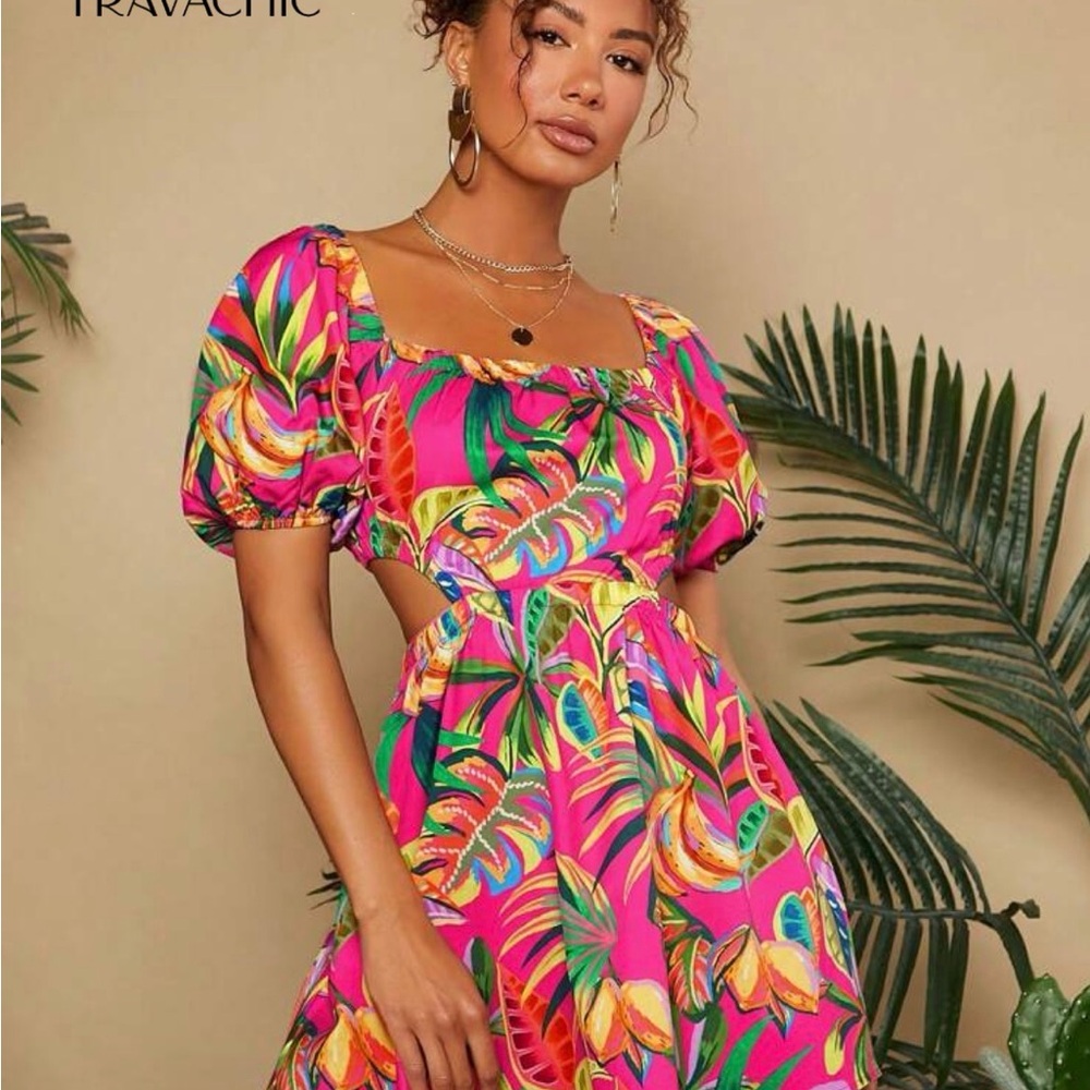 SHEIN Vibrant Pink Tropical Mini Dress